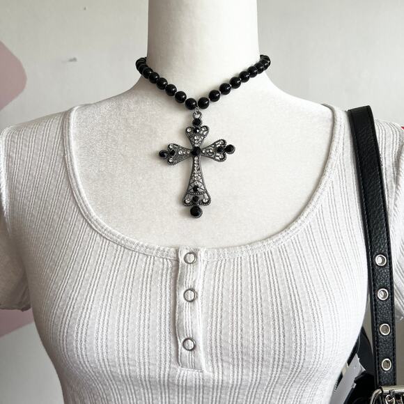 Gray Ribbed Henley Crop Top, Y2K, Minimalist, Casual, Streetwear, Clean Girl, XS - Picture 2 of 5